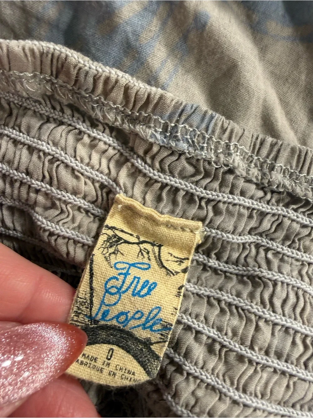 Free People Taupe Top with Teal Floral Accents